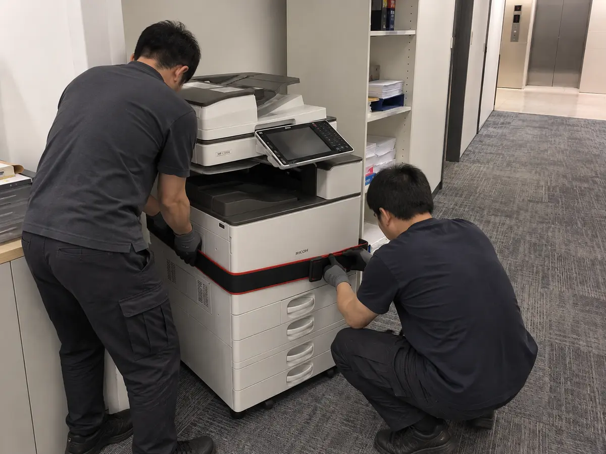 兩名背向回收員戴手套固定影印機保護帶,機身仍以底輪承重停在原地